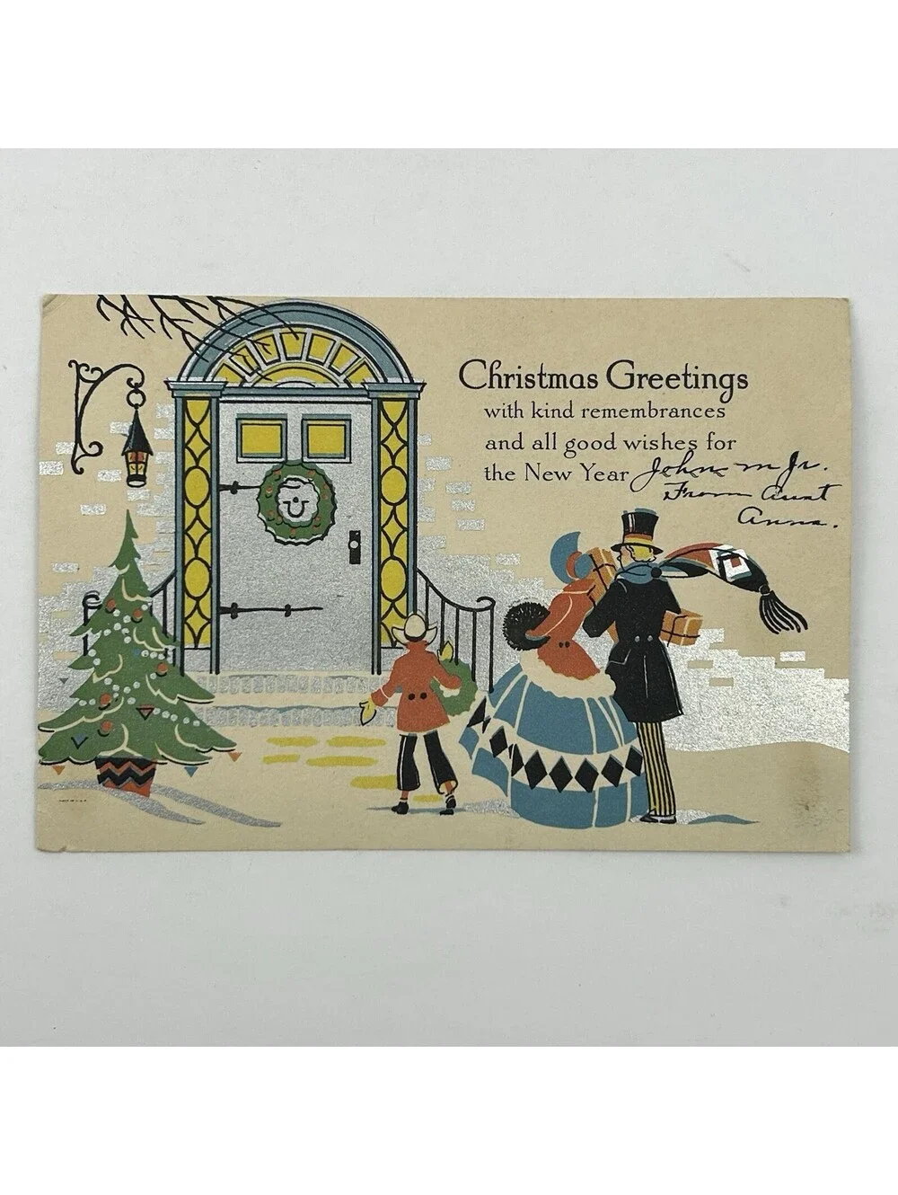 Vintage Christmas Card Postcard Silver Foil Embossed Victorian Era Aunt Anna N-2